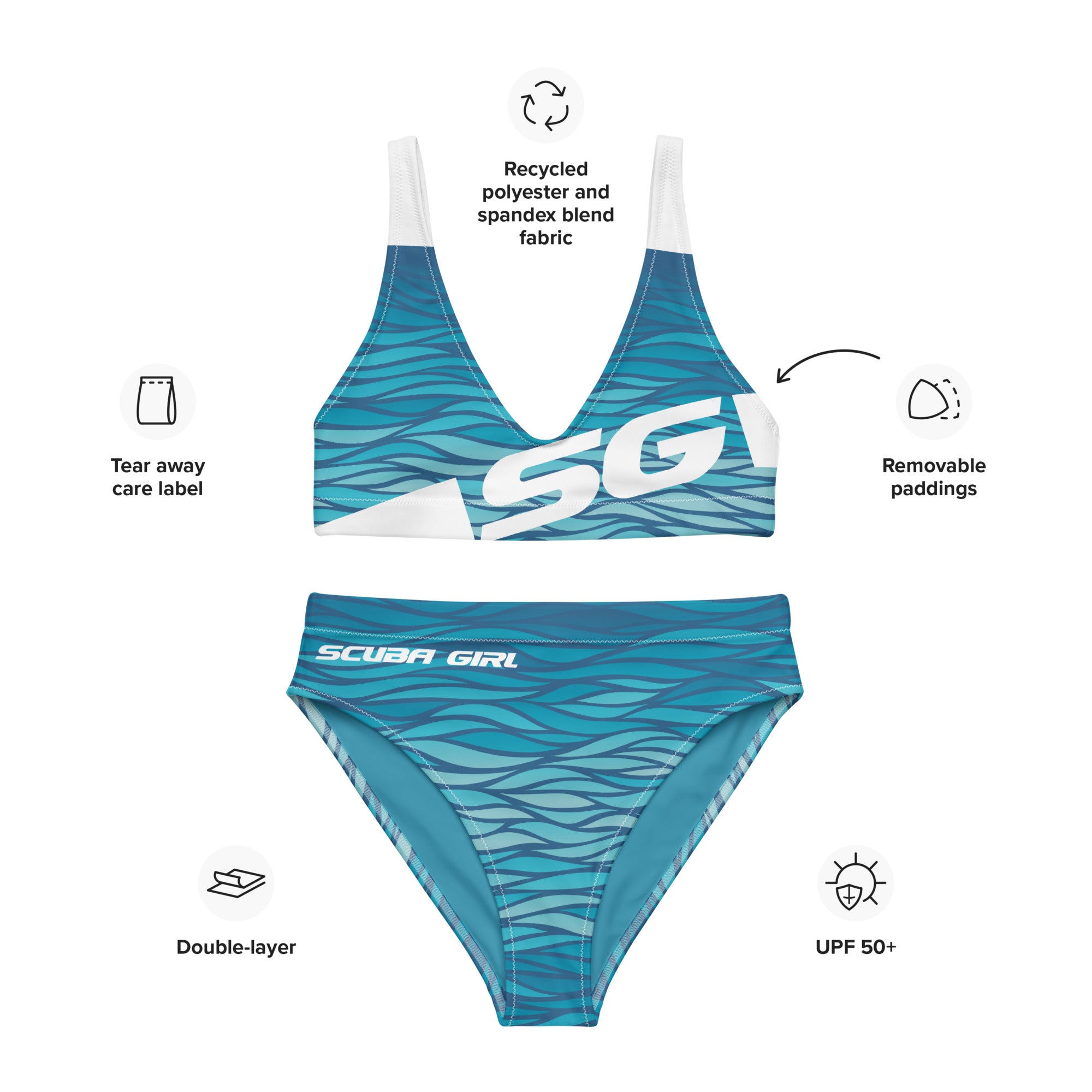 SG High-Waisted Bikini Swimsuit (Teal Waves)